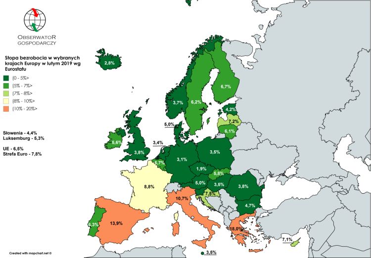 Stopa bezrobocia w wybranych krajach Europy w lutym 2019 wg Eurostatu