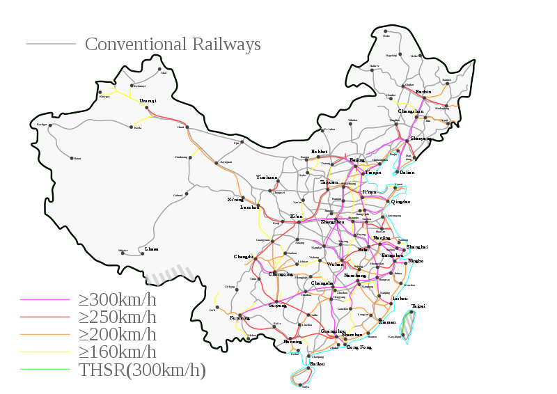 Rail map of China high speed highlighted WP.svg
