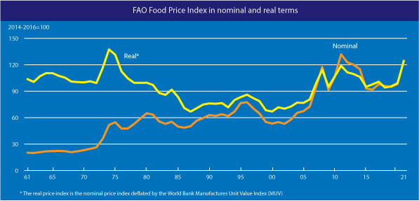Wykres przedstawia indeks cen żywności w okresie 1961-2021 w ujęciu nominalnym i realnym.