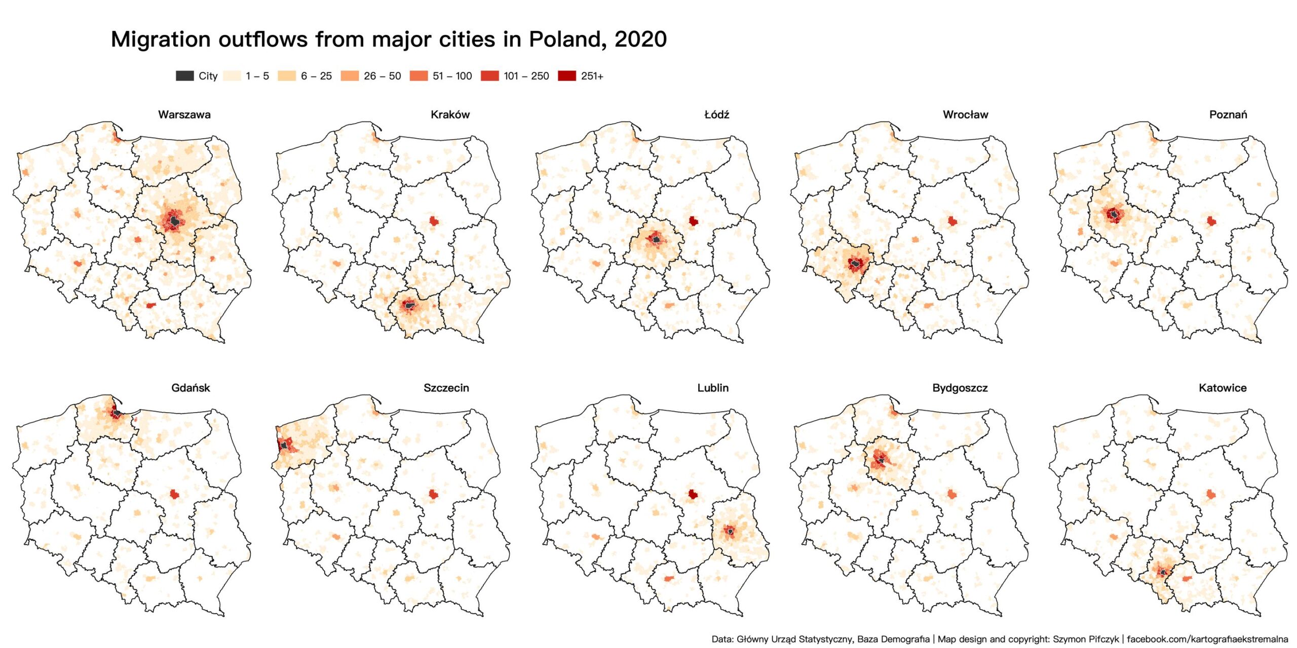 Populacja polskich miast, migracja z miast, mapa