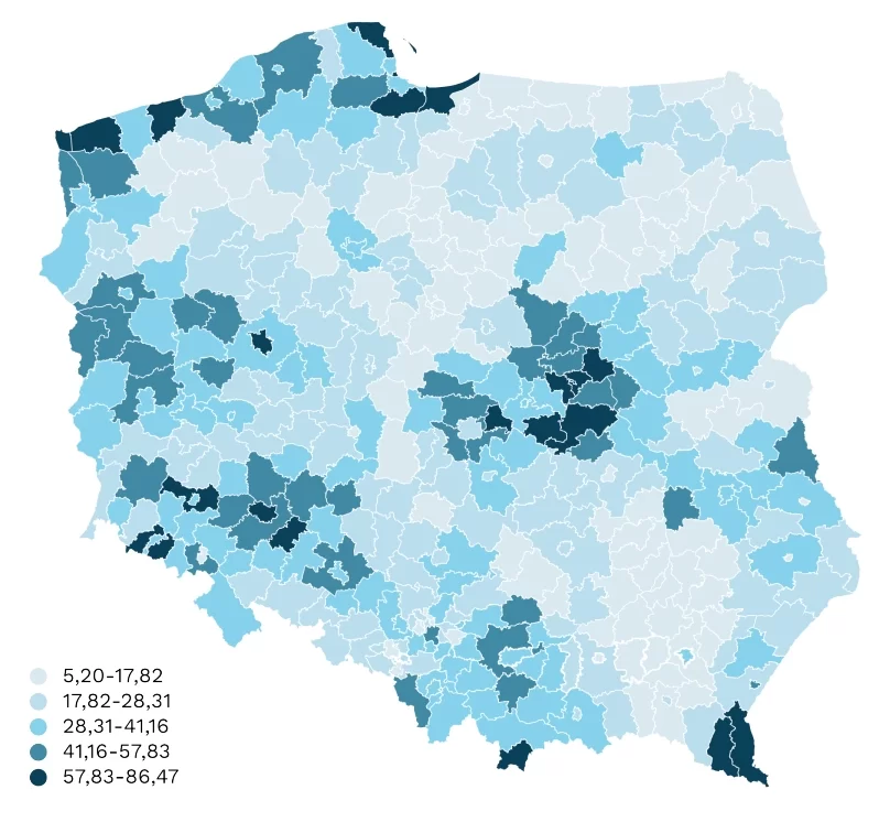 Liczba numerów PESEL wydanych obywatelom Ukrainy na 1 tys. mieszkańców powiatu
